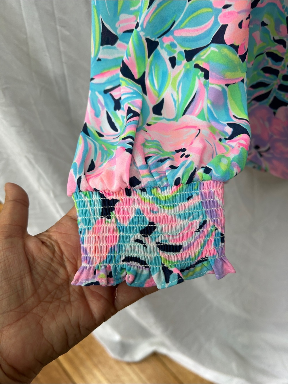Lilly Pulitzer Pink & Aqua Floral Ruffle V-Neck Blouse - Picture 4 of 6